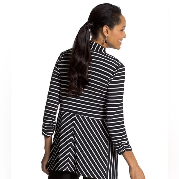 Chico’s Knit Stripe Jacket Peplum Stretch Open Drape Front 3/4 Sleeves EUC Sz 16 - Picture 12 of 13